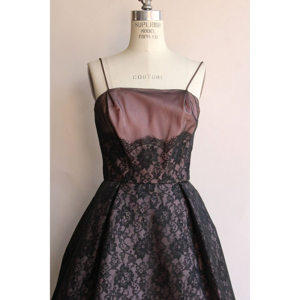 Vintage 1950s Dress, I Magnin Black and Pink Lace Fit and Flare, Extra Small - Picture 3 of 10